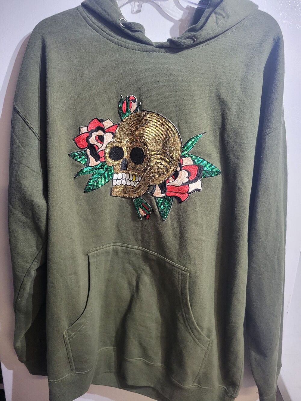 Vita Hoodie Olive Green Embroidered Sequined Skull & Roses Size XL